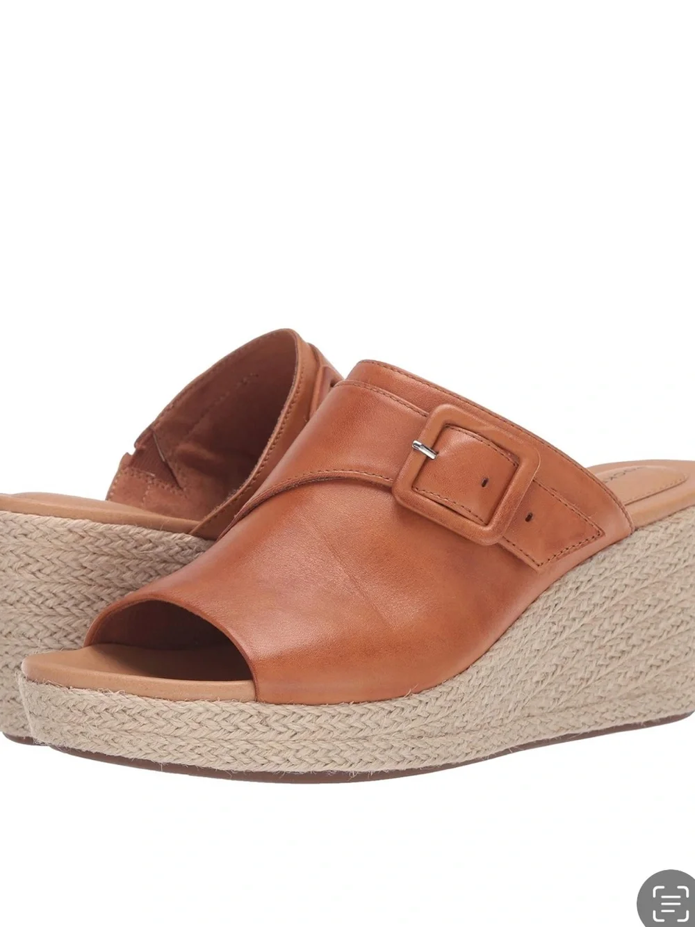 Rockport Lyla Buckle Slide Leather Wedge Sandal Woven Heel Cognac Women Size 9